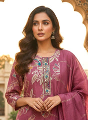 Pink Cotton Silk Floral Embroidered Kurta Set with Dupatta