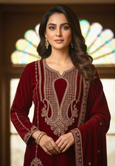 Unstitched Classic Maroon Embroidered Velvet Suit Set