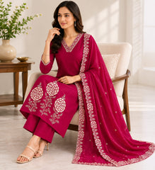 Rani Pink Cotton Embroidered Kurta Set with Dupatta