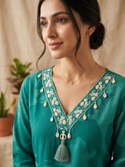 Elegant Teal Cotton Kurta Set with Floral Print & Tassel Neckline
