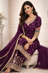 Royal Wine Chinon Kurta Set with Designer Sharara & Dupatta