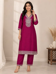 Magenta Vichitra Silk Kurta Set with Golden Jari, Cutdana & Beads Embroidery with Potli Bag