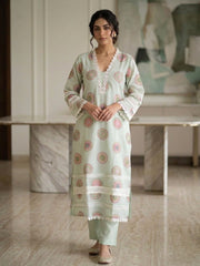 Elegant Mint Green Cotton Kurta Set with Floral Dupatta