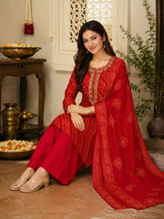 Graceful Red Modal Embroidered with Bandhani Printed Kurta Set with Dupatta