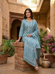Elegant Teal Printed Cotton Kurta Set with Dupatta