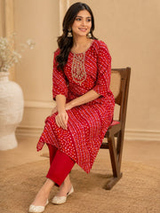 Elegant Red Bandhani Print Rayon Kurta Set with Embroidered Neckline & Dupatta
