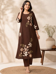 Chocolate Brown A-Line Cotton Embroidered Kurta Set with Dupatta