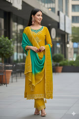 Heavily Embroidered Silk Suit Set with Dupatta-Yellow