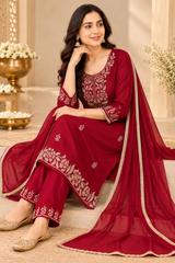 Elegant Deep Maroon Cut Dana Embroidered Chinon Kurta Set