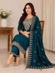 Teal Green Vichitra Silk Kurta Set with Embroidered Dupatta & Potli Bag