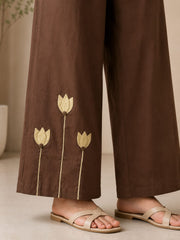 Elegant Chocolate Brown Ghicha Cotton Appliqué Co-ord Set