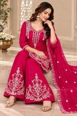 Stunning Pink Embroidered Chinon Kurta Palazzo Set