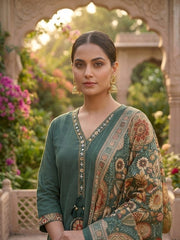 Green Handwork Cotton Kurta Set with Printed Dupatta