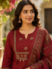 Maroon Cotton Kurta Set with Printed Dupatta