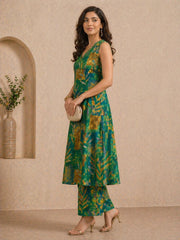 Emerald Green Printed Cotton A-Line Kurta Set (Sleeves Included)