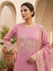 Elegant Blush Pink Linen Kurta Set with Floral Embroidery & Dupatta