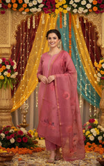 Elegant Rose Pink Silk Blend Suit Set with Embellished Kurta & Printed Dupatta