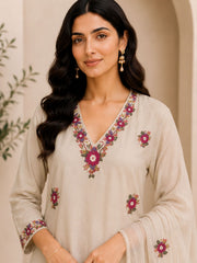 Elegant Cream Embroidered Cotton Kurta Set with Dupatta