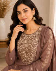 Elegant Mocha Brown Mul Chanderi Embroidered Kurta Set with Dupatta