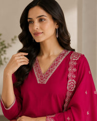 Rani Pink Cotton Embroidered Kurta Set with Dupatta