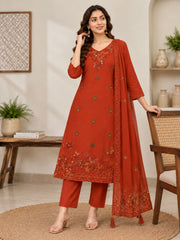 Elegant Rust Thread Embroidered Mul Chanderi A-Line Kurta Set with Dupatta