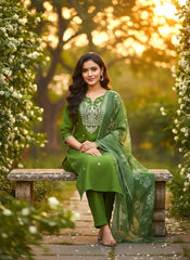 Emerald Green Embroidered Silk Blend Kurta Set with Floral Dupatta