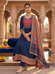 Royal Navy Blue Cotton Silk Anarkali Kurta Set with Printed Dupatta