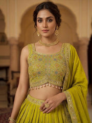 Lime Green Silk Blend Embroidered Lehenga Set with Dupatta (Sleeves Included)