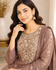 Elegant Mocha Taupe A Line Mul Chanderi Embroidered Kurta Set with Dupatta