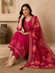 Rani Pink Dola Silk Embroidered Kurta Set with Floral Printed Dupatta
