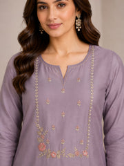 Lavender Roman Silk Handwork Kurta Set with Dupatta
