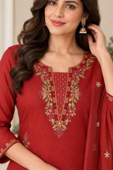 Pure Cotton Maroon Embroidered Kurta Palazzo Set with Dupatta