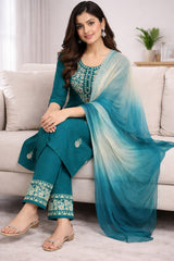 Teal Green Cotton Kurta Set with Ombre Chiffon Dupatta