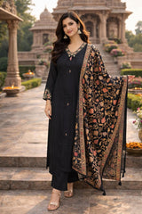 Elegant Black German Rayon Kurta Set with Embroidered Detailing & Digital Dupatta