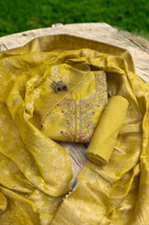 Elegant Mustard Yellow Shimmer Jacquard Unstitched Suit