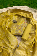 Elegant Mustard Yellow Shimmer Jacquard Unstitched Suit
