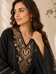 Black Embroidered Khadi Cotton Kurta Set with Dupatta