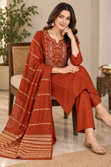 Beautiful Rust Roman Silk Embroidered Kurta Pant Set with Dupatta