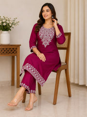 Rani Pink Vichitra Silk Kurta Set with Embroidered Dupatta & Potli Bag