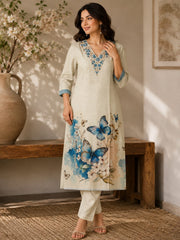 Graceful Off-White Linen Kantha Embroidered Kurta Set with Printed Dupatta