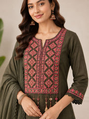 Army Green Embroidered Cotton Dhoti Kurta Set