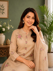 Elegant Beige Mul Chanderi Embroidered Kurta Set with Dupatta