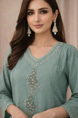 Sage Green Embroidered Roman Silk Kurta Set with Dupatta