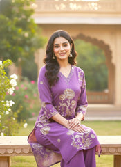 Purple Floral Printed Cotton Silk Kurta Palazzo Set