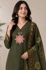 Embroidered Green Cotton Kurta Set with Dupatta