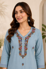 Graceful Sky Blue Cotton Embroidered Kurta Set with Dupatta