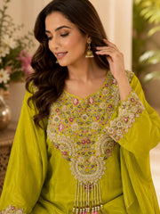 Gorgeous Lime Green Pure Crepe Embroidered Kaftan with Palazzo Set