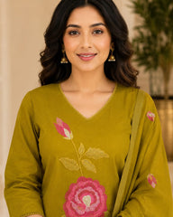 Elegant Embroidered Olive A-Line Kurta Set with Dupatta