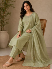 Sage Green Mul Chanderi Embroidered Kurta Set with Dupatta