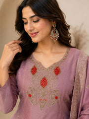 Elegant Mauve Shimmer Embroidered Kurta Set with Dupatta